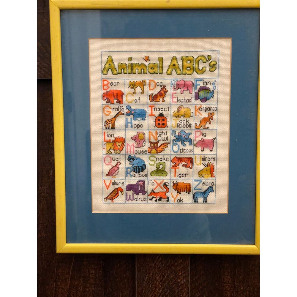 Vintage Animal ABC’s Cross Stitch Sampler Framed Nursery Wall Art 10x12